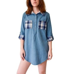 VINTAGE x HANDMADE denim chambray plaid trim dress‎ Workwear Chic Cottagecore
